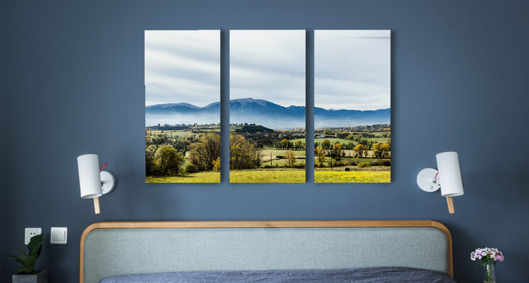 A triptych canvas print displayed over a bed.