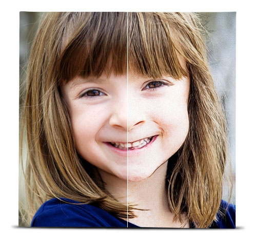 Photo of a young girl showing the difference between the original image, and the image with the Color Sketch effect applied.